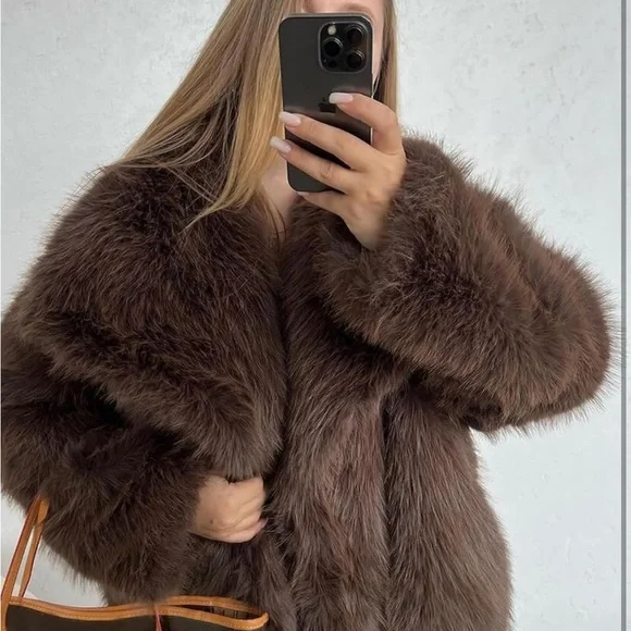 Luxurious Brown Faux Fur Coat shaggy jacket thick winter - Picture 3 of 7